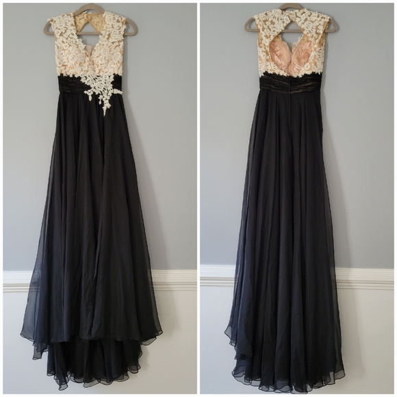 Mac duggal black white beaded lace overlay sleeveless formal designer gown dress - Picture 3 of 12